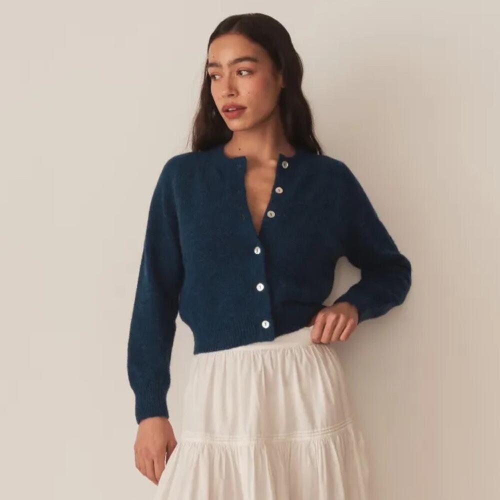 NWT Doen Petra Alpaca Merino Wool Button Knit Cardigan Sweater Blue Sapphire